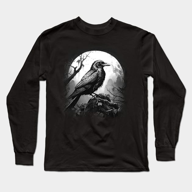 Black Crow in Full Moon Long Sleeve T-Shirt by Kali Space